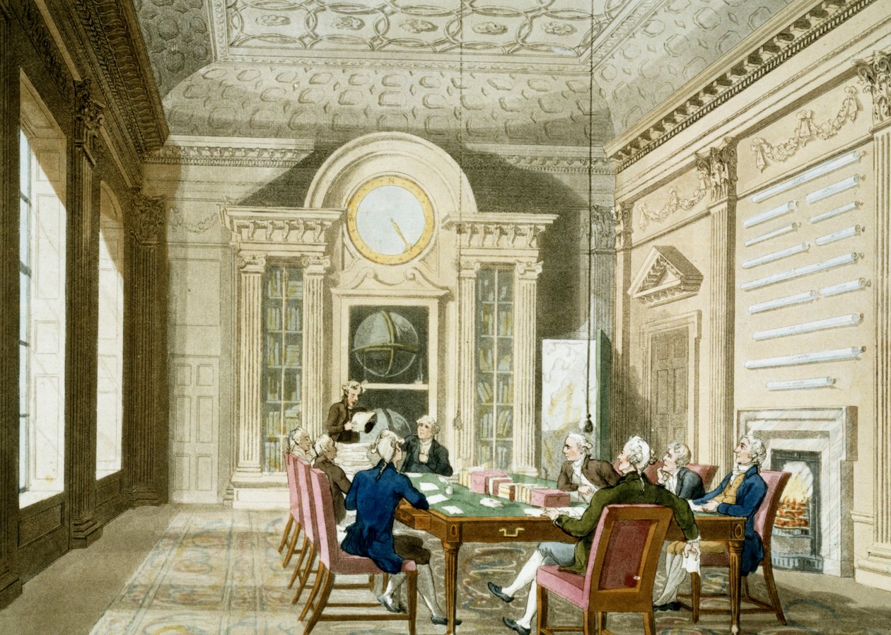 Brittiläisen Admirautin hallintohuone. Värillinen etsaus, julkaistu 1. tammikuuta tekijältä T. & Pugin A.C. (1762 1832) (after) Rowlandson