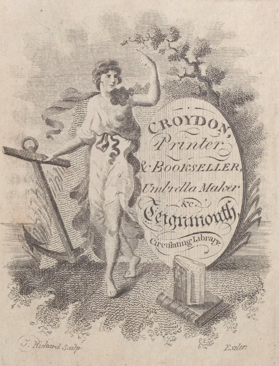 Kauppakortti Croydonille, painotalolle, kirjakauppiaalle ja sateenvarjovalmistajalle, 1800-luku, 1800-luku. tekijältä T. Rickard