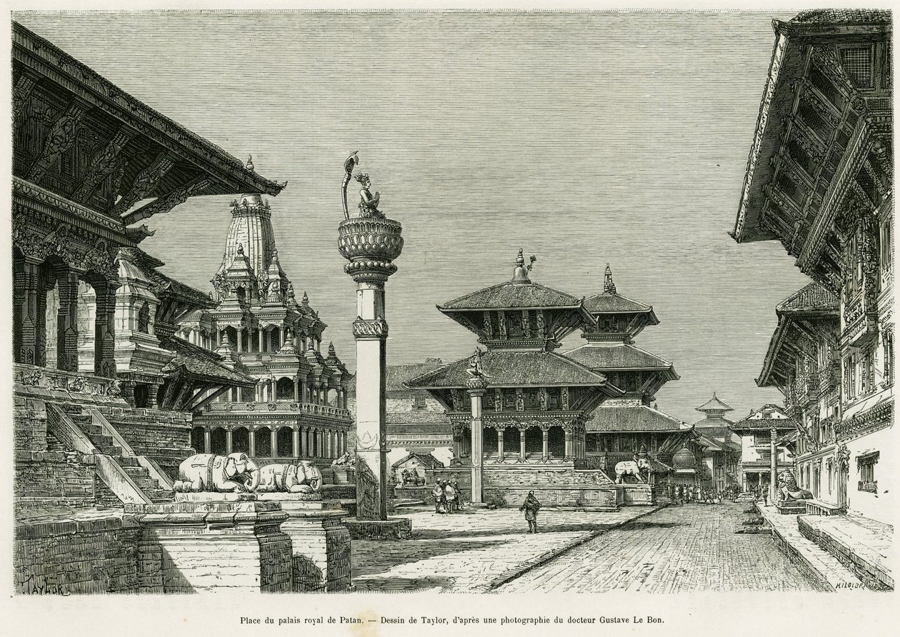 Patanin kuninkaallisen palatsin paikka (nykyinen Lalitpur). Taylorin kaiverrus havainnollistamaan tarinaa Voyage au Nepal, kirjoittanut tohtori Gustave Le Bon (1841-1931), in le tour du monde 1886, ohjannut Edouard Charton (1807-1890), Hachette, Pariisi. tekijältä T Taylor