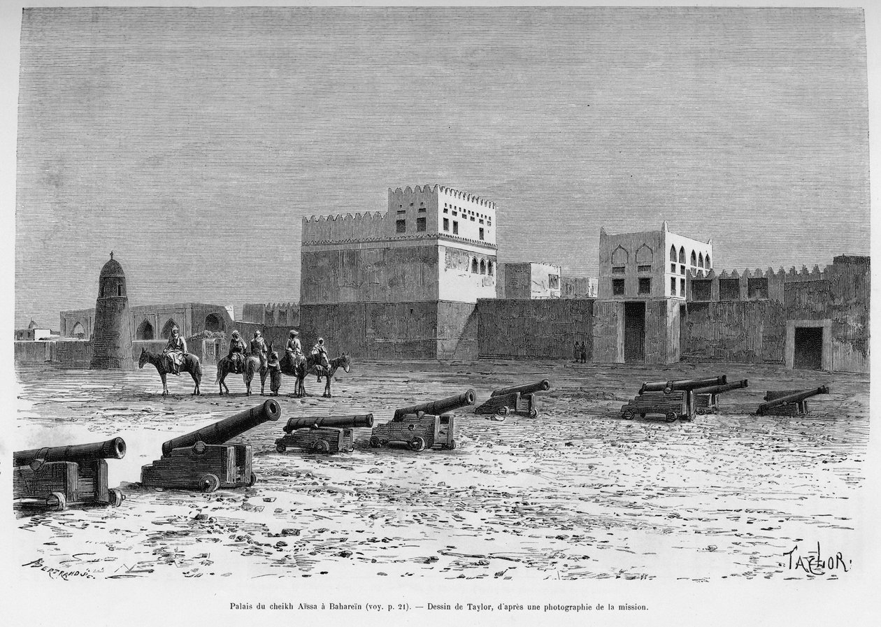 Sheikh Aissan palatsi Bahrainissa, Tšadissa. Taylorin kaiverrus havainnollistamaan tarinaa A Suse, journal des excavilles tekijältä T Taylor