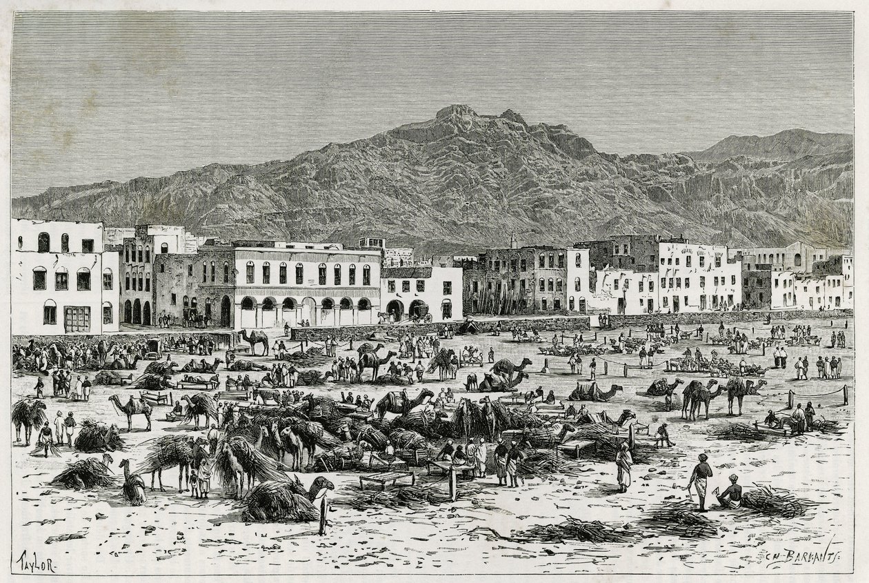 Adenin (Jemen) marssi. Taylorin kaiverrus havainnollistamaan tarinaa "" Matka Benadirille, Somalialle ja Bayounille"", vuosina 1882-1883, kirjoittanut M.G.Revoil. Julkaistu Le Tour du monde -lehdessä, nouveau journal des voyages tekijältä T Taylor