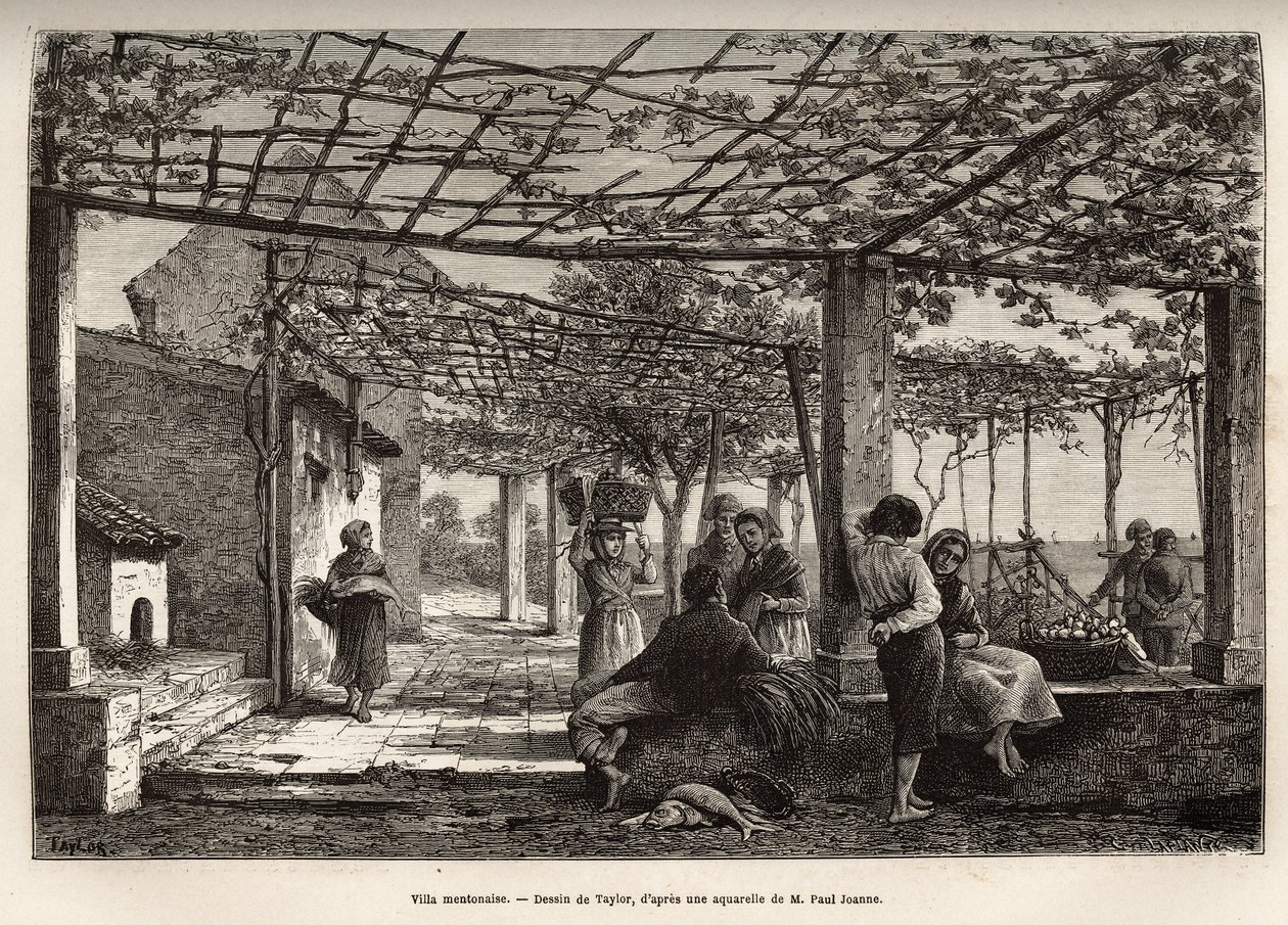 Villa Menton, kaiverrus Taylorin piirustuksen jälkeen, havainnollistaen Mentonin ja Bordhigheran matkaa, vuonna 1871, kirjoittanut Adolphe Joanne, julkaistu "Le tour du monde"" 1874, toimittanut Edouard Charton, Hachette painos, Pariisi. Selva Collection. tekijältä T Taylor