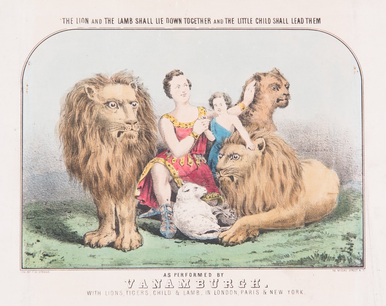 Leijona ja lammas makaavat yhdessä ja pieni lapsi johtaa heitä, n. 1840 (akvarelli paperille) tekijältä T. W. Strong