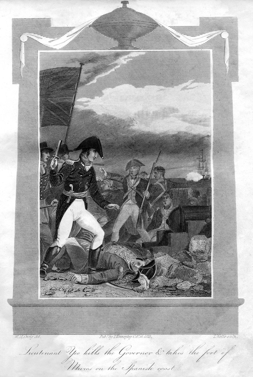Luutnantti Yeo tappaa kuvernöörin ja valloittaa Muroksen linnoituksen Espanjan rannikolla, 1816 tekijältä T. Wallis