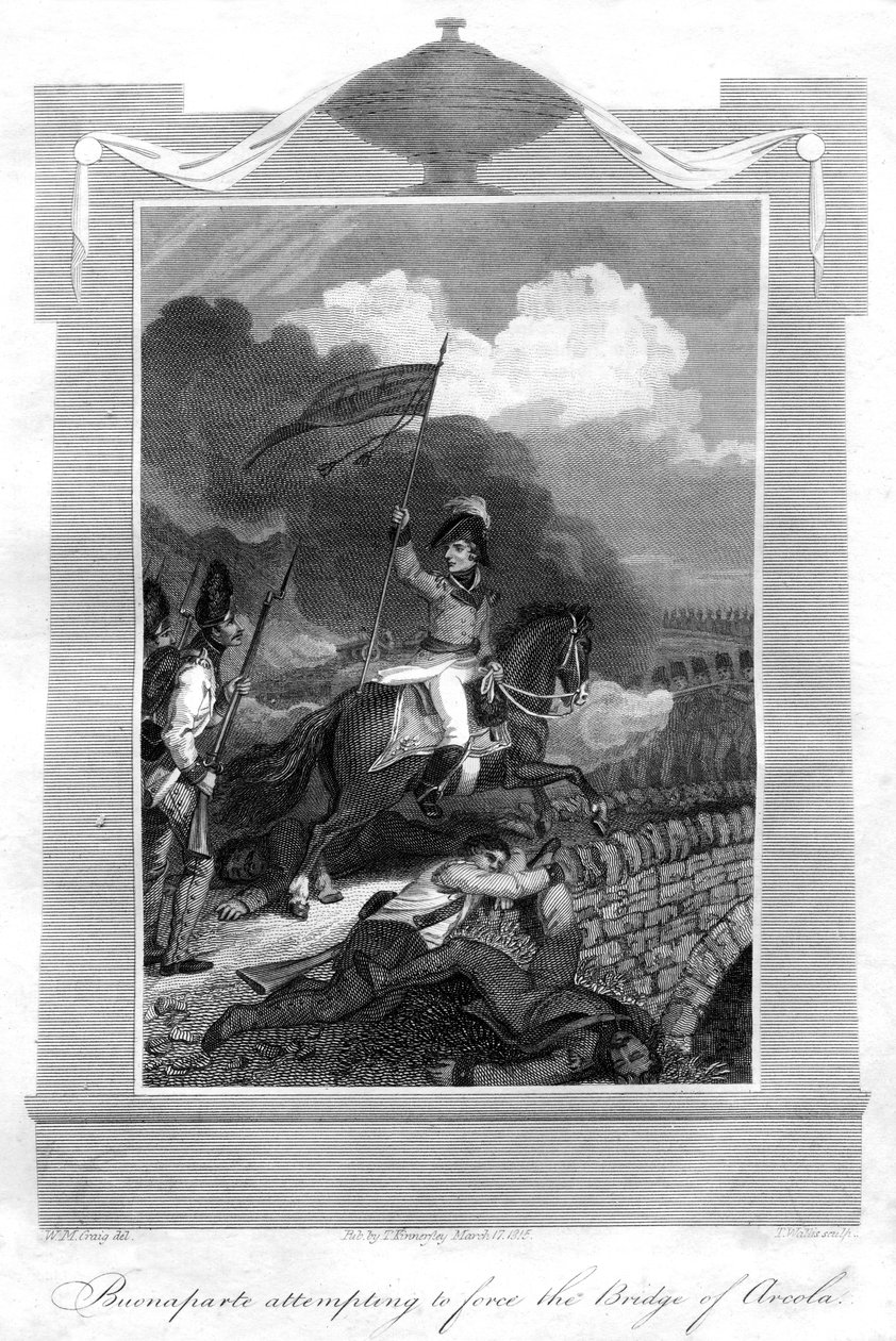 Napoleon Bonaparte yrittää pakottaa Arcolan siltaa, 1816. tekijältä T. Wallis
