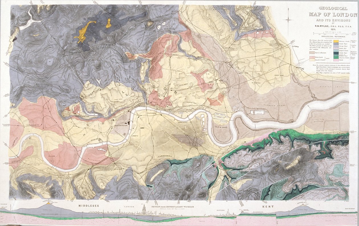 Lontoon ja ympäröivän alueen geologinen kartta, 1871 tekijältä T Walsh