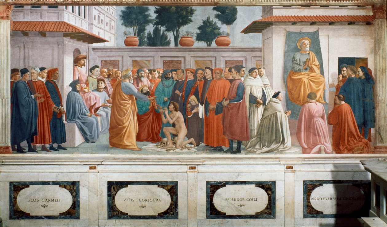Theofiluksen pojan, Antiokian kuninkaan ja Antiokian ensimmäisenä piispana istuvan pyhän Pietarin herättäminen, n. 1427 ja n. 1480 (fresko) tekijältä T. Masaccio, F. Lippi