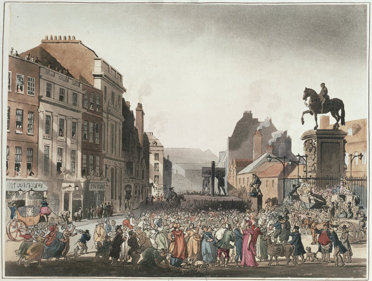 Pilleri Charing Crossissa Ackermannin "Lontoon mikrokosmosta" tekijältä T. and Pugin A.C. Rowlandson