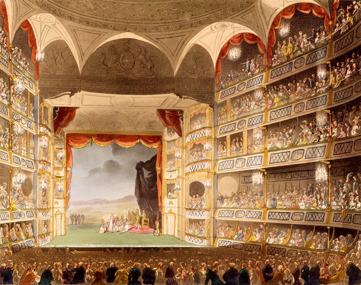 Drury Lane Theatre, kuvitus R. Ackermannin teoksesta "Microcosm of London". tekijältä T. and Pugin A.C. Rowlandson