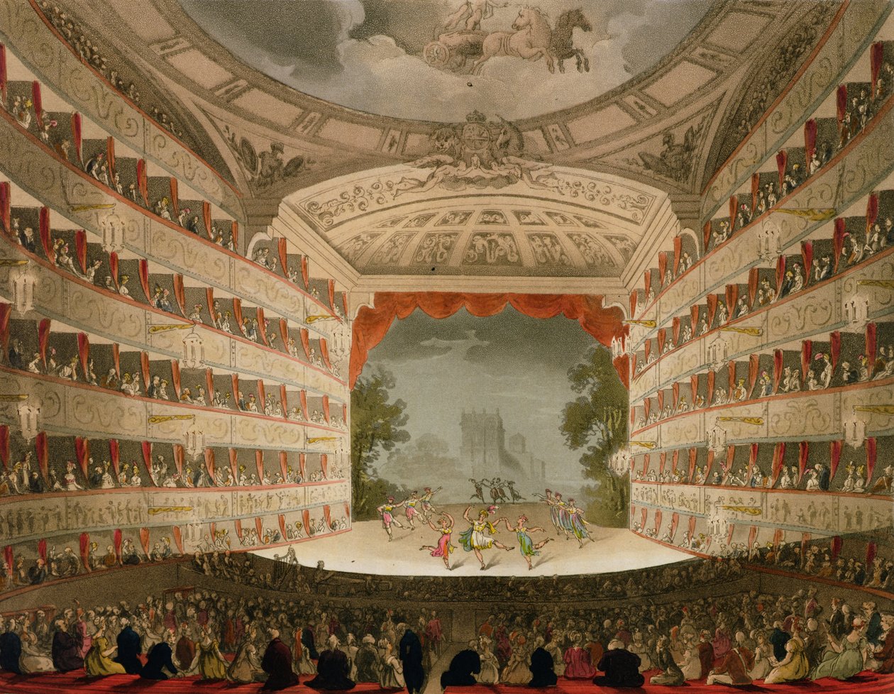 Kings Theatre Opera House, kaiverrus J. Bluck, pub. kirjoittanut Ackermannin "Arkisto taiteen" (akvatinta) tekijältä T. and Pugin A.C. Rowlandson