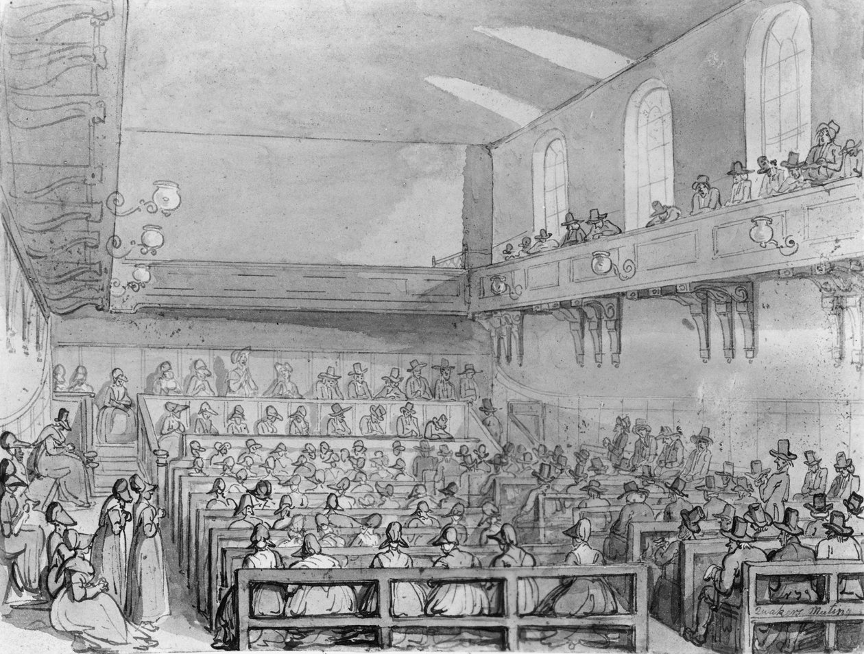 Kveekarit kokoontuvat Lontoon kokoustaloon tekijältä T. and Pugin A.C. Rowlandson