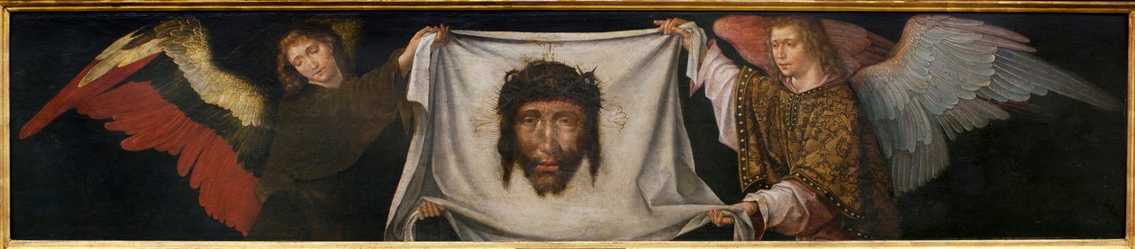 Enkelit kantavat pyhää käärinliina - Maalaus Frere Carlosin (flaamilainen maalari, toiminut vuosina 1517-1544) työpajasta, öljy puulle, noin 1520-1530 (Enkelit pyhien kasvojen kanssa, Friar Carlosin työpaja, öljy paneelille, n. 1520-1530) - Musee d