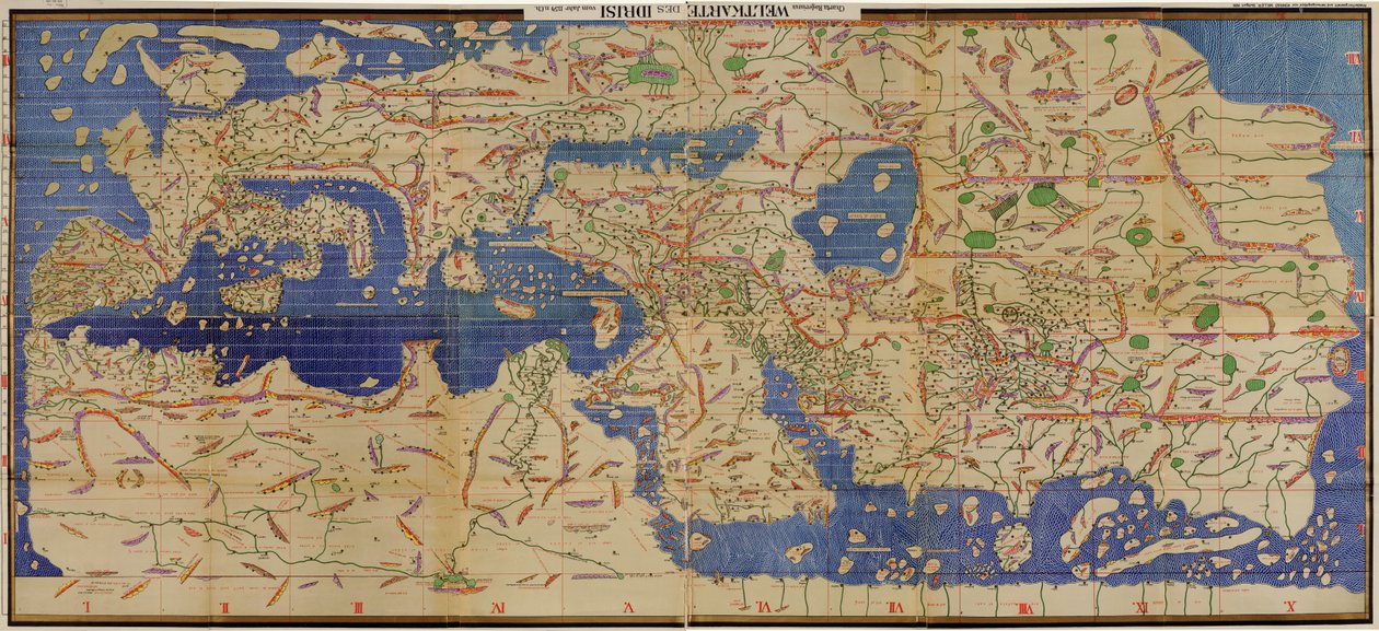 Vuoden 1929 kopio, jonka nimet on käännetty latinalaisin kirjaimin 1154 arabiankielisestä Tabula Rogerianasta, ylösalaisin pohjoiseen ylöspäin tekijältä TabulaRogeriana.jpg
