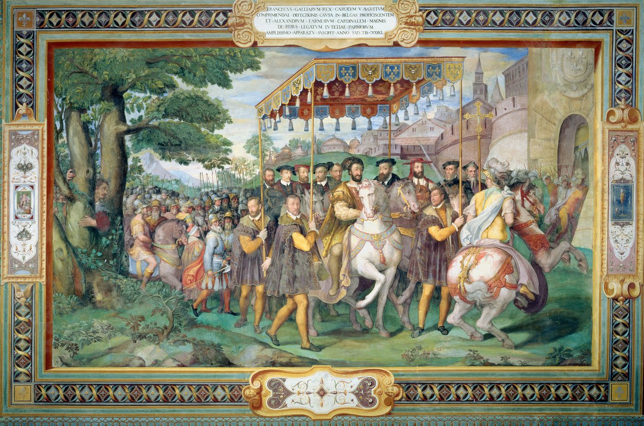 Francis I (1494-1547) ja Alessandro Farnese (1546-92) saapuivat Pariisiin vuonna 1540, "Sala dei Fasti Farnesesta" (Farnesen loistosali) 1557-66 tekijältä Federico Zuccaro