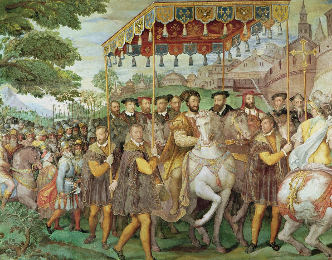 Keisari Kaarle V:n (1500-58), Francis I:n (1494-1547) ja Alessandro Farnesen (1546-92) juhlallinen sisäänkäynti Pariisiin vuonna 1540, "Sala dei Fasti Farnesesta", 1557-66 (yksityiskohta 133347, katso tekijältä Federico Zuccaro