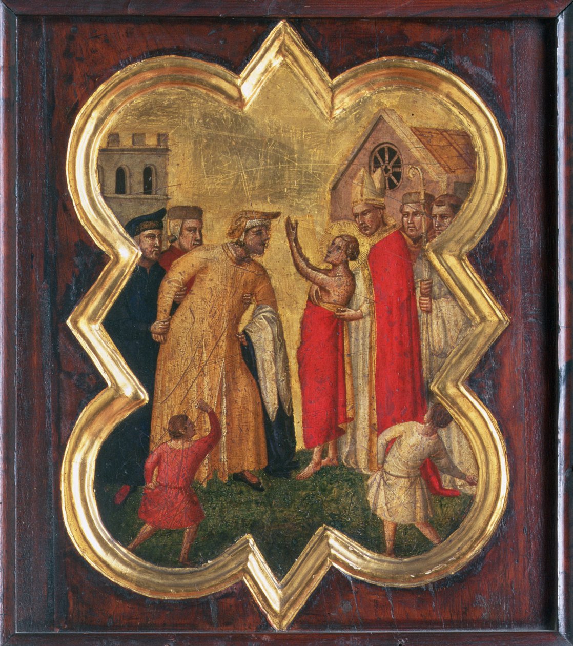 Pyhä Franciscus piispan edessä (tempera paneelissa) tekijältä Taddeo Gaddi