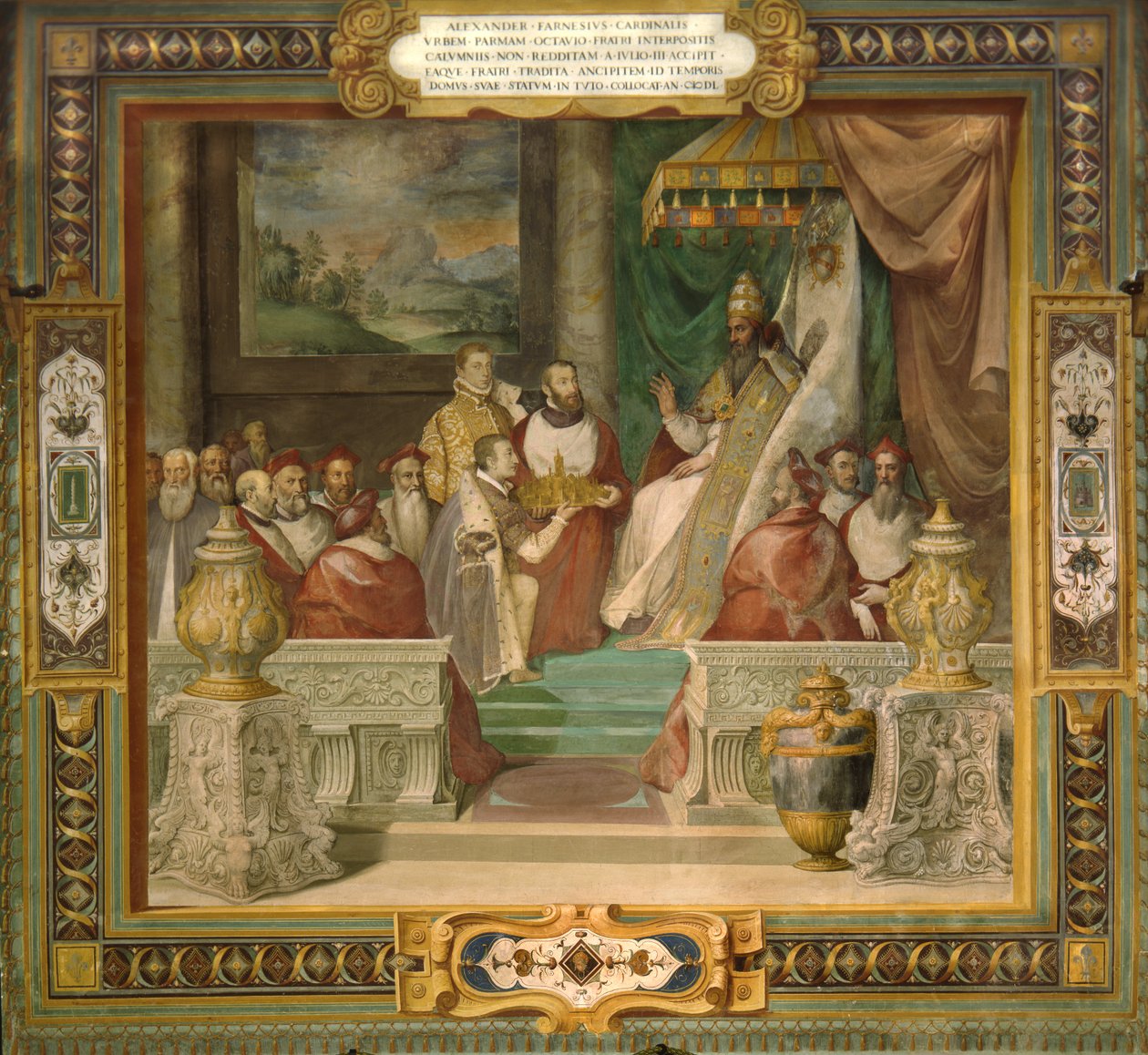 Alessandro ja Ottavio Farnese esittelevät Piacenzan kaupungin pienoismallin paavi Julius III:lle. tekijältä Taddeo Zuccari