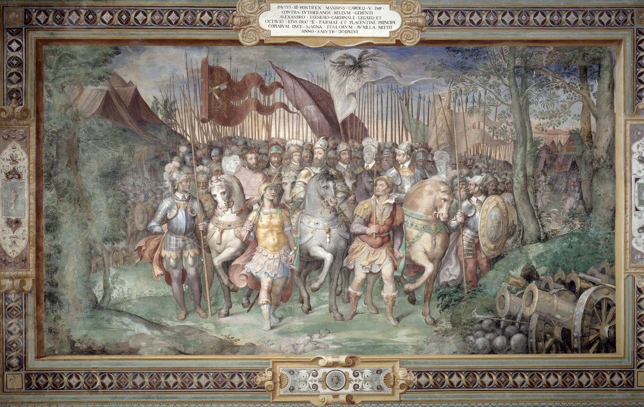 Kaarle V (1500-58), Alessandro (1546-92) ja Ottaviano Farnese johtavat armeijaa Hessenin maaherraa Filipiä vastaan vuonna 1546 Sala dei Fasti Farnesen loisteliaiden salista (Sala dei Farnese) tekijältä Taddeo Zuccari