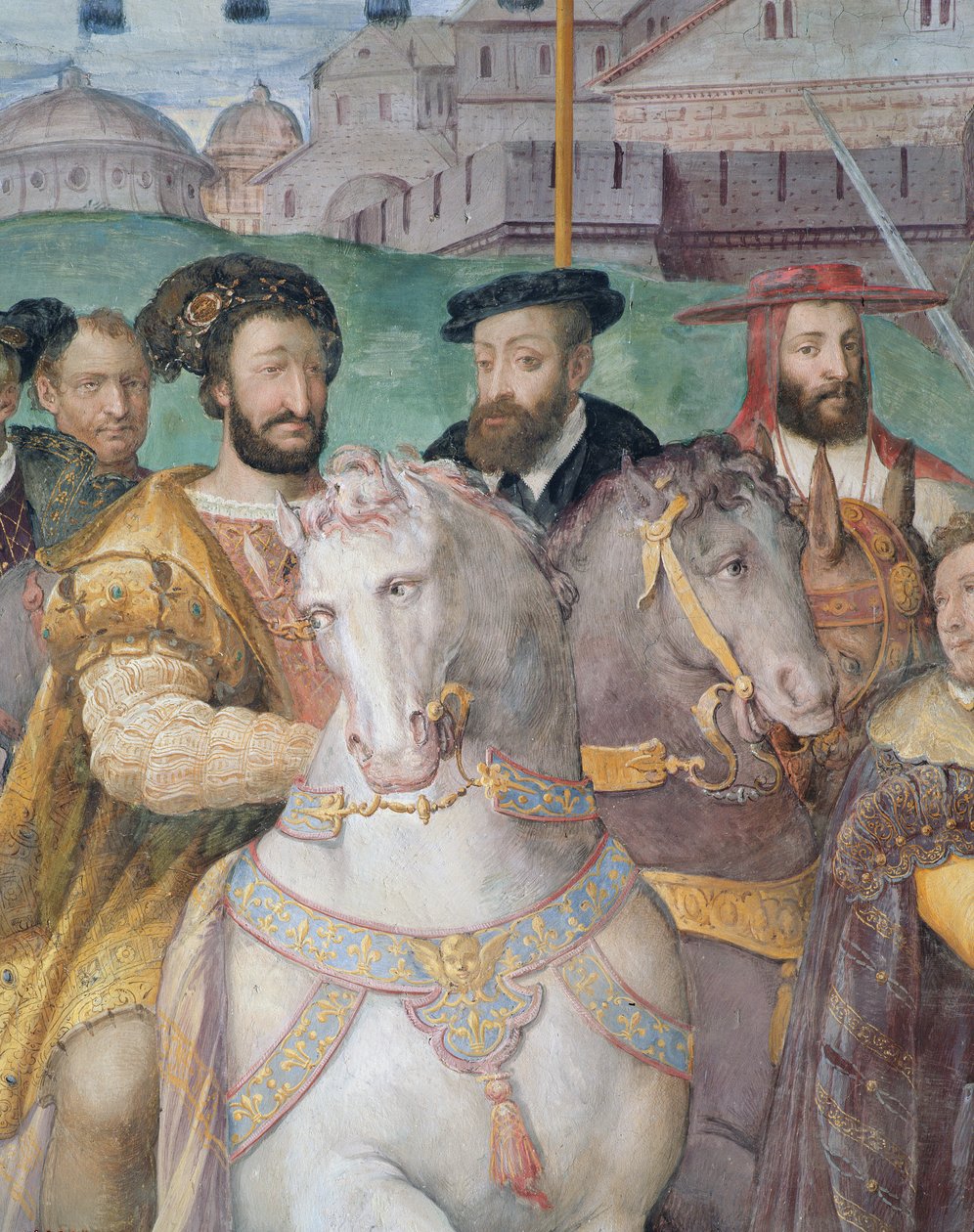 Yksityiskohta keisari Kaarle V:n, Francis I:n ja Alessandro Farnesen juhlallisesta sisäänkäynnistä Pariisiin vuonna 1540 Sala dei Fasti Farnesesta, 1557-66 tekijältä Taddeo Zuccari