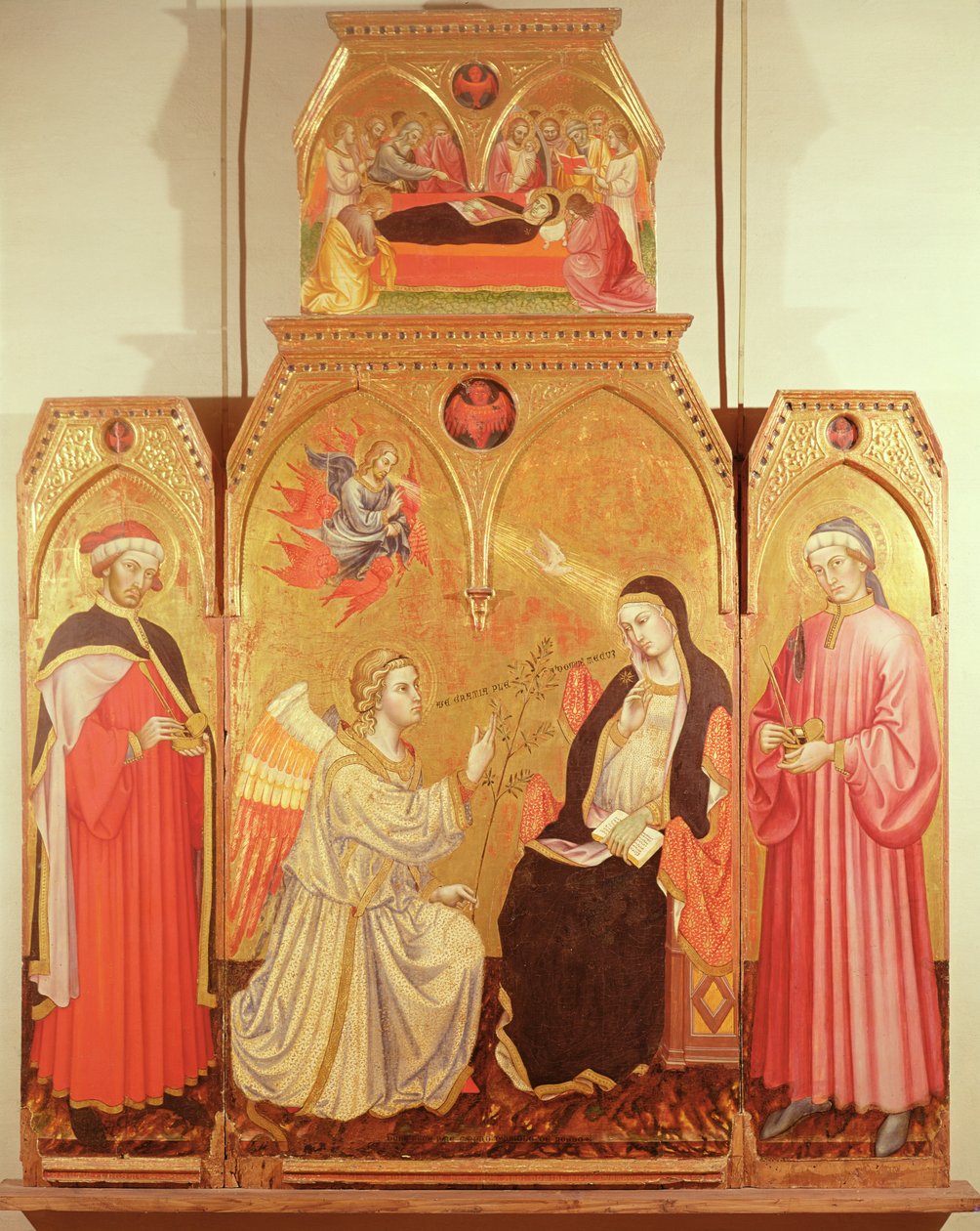 Marian ilmestys ja pyhät Kosmas ja Damianus, 1409 (lehtikulta ja tempera paneelille). tekijältä Taddeo di Bartolo
