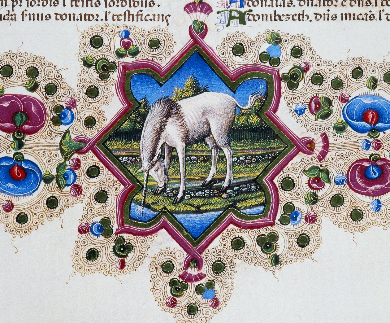 Reunusfriisi sivun alaosassa yksisarvisella, osa II f 245, v, Borso d