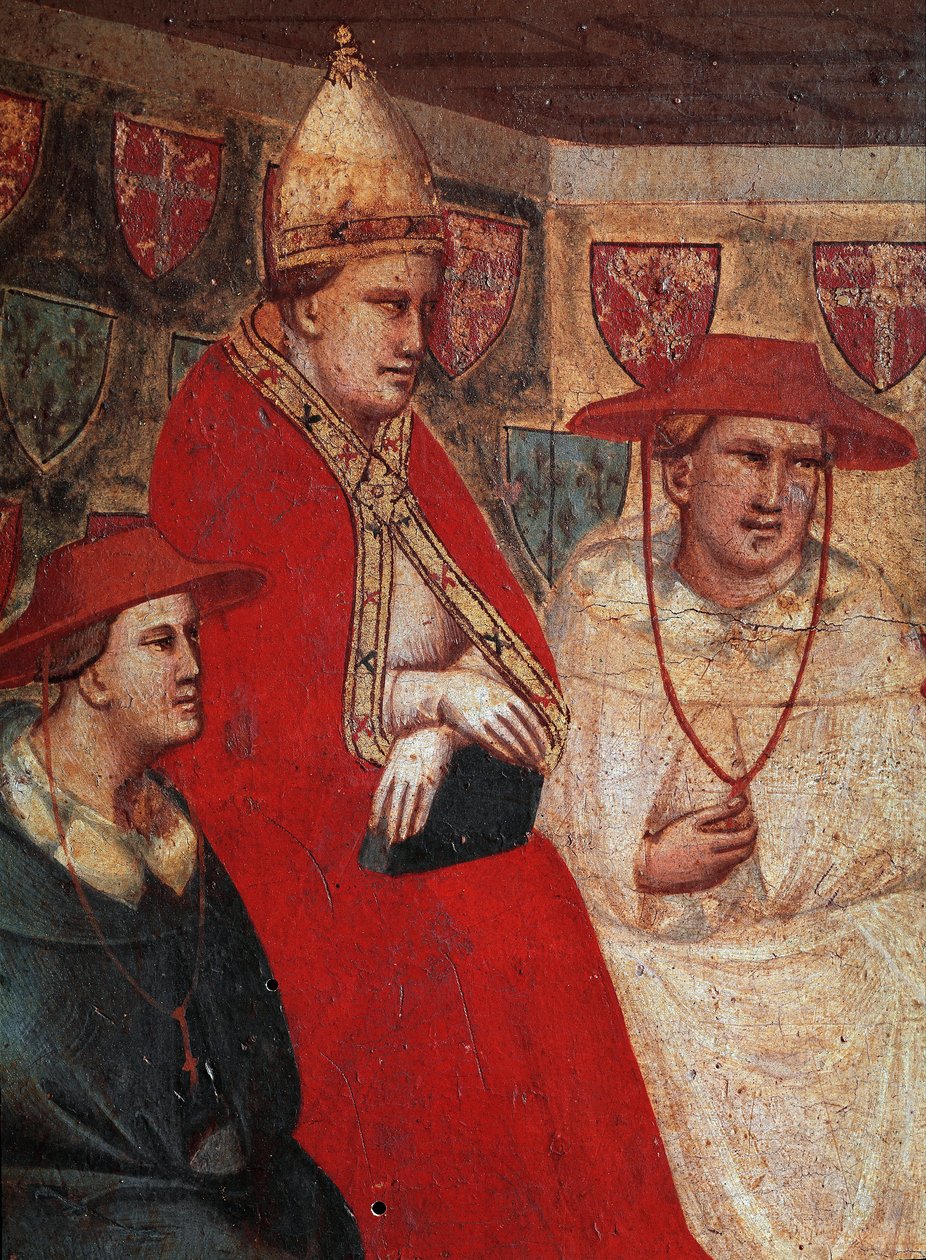 Pyhän Francois Assisilaisen historia: Paavi Innocenzo III:n (Innocentius) (1160-1216) esitys, joka vahvistaa fransiskaanien vallan vuonna 1210. Yksityiskohta. Fresko Taddeo Gaddi (1295/1300-1366), Firenze, Galleria dell