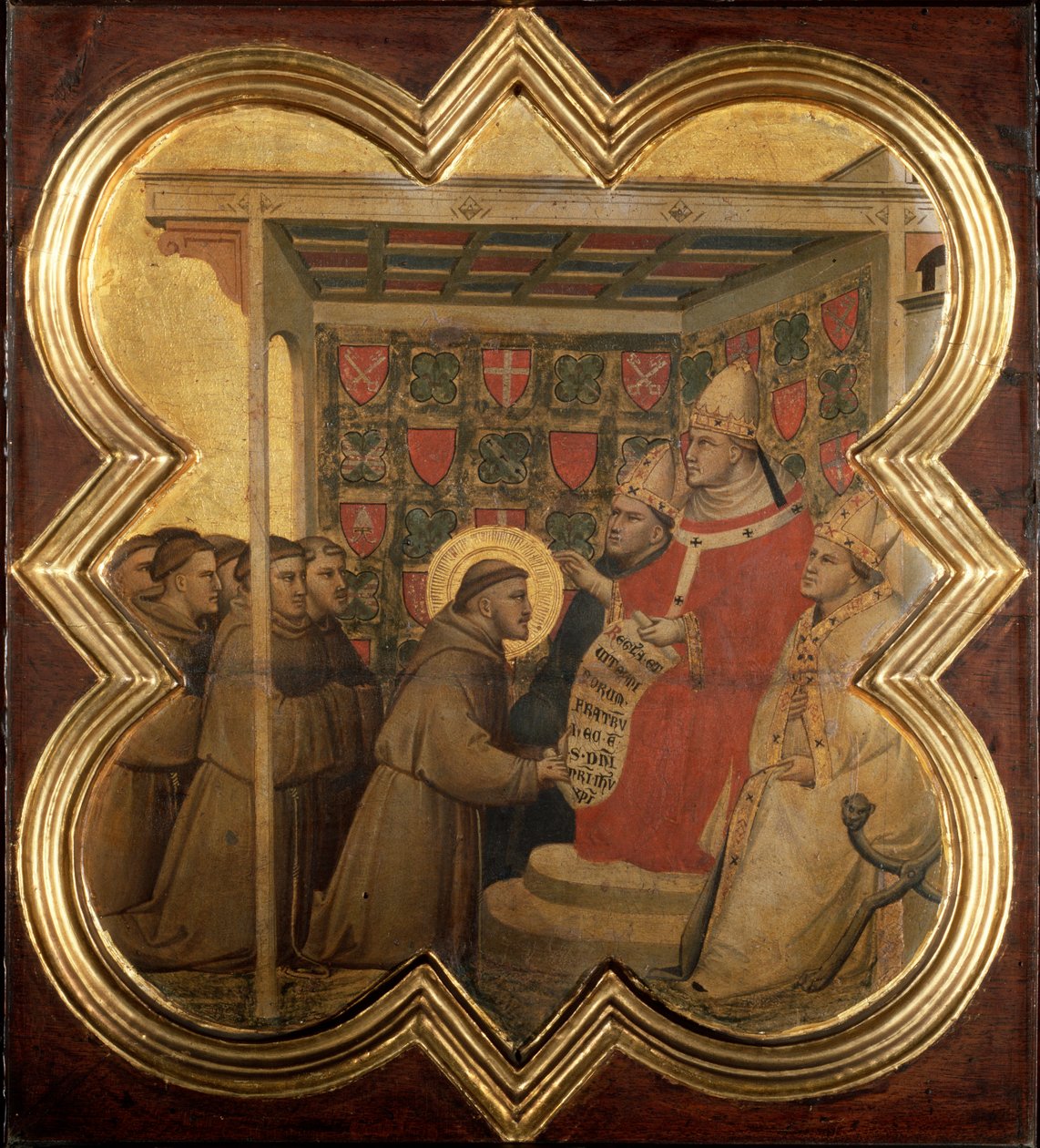 Pyhän Franciscus Assisilaisen elämä: Innocentius III vahvistaa fransiskaanien vallan vuonna 1210 - tempera puulla tekijältä Taddeo Gaddi