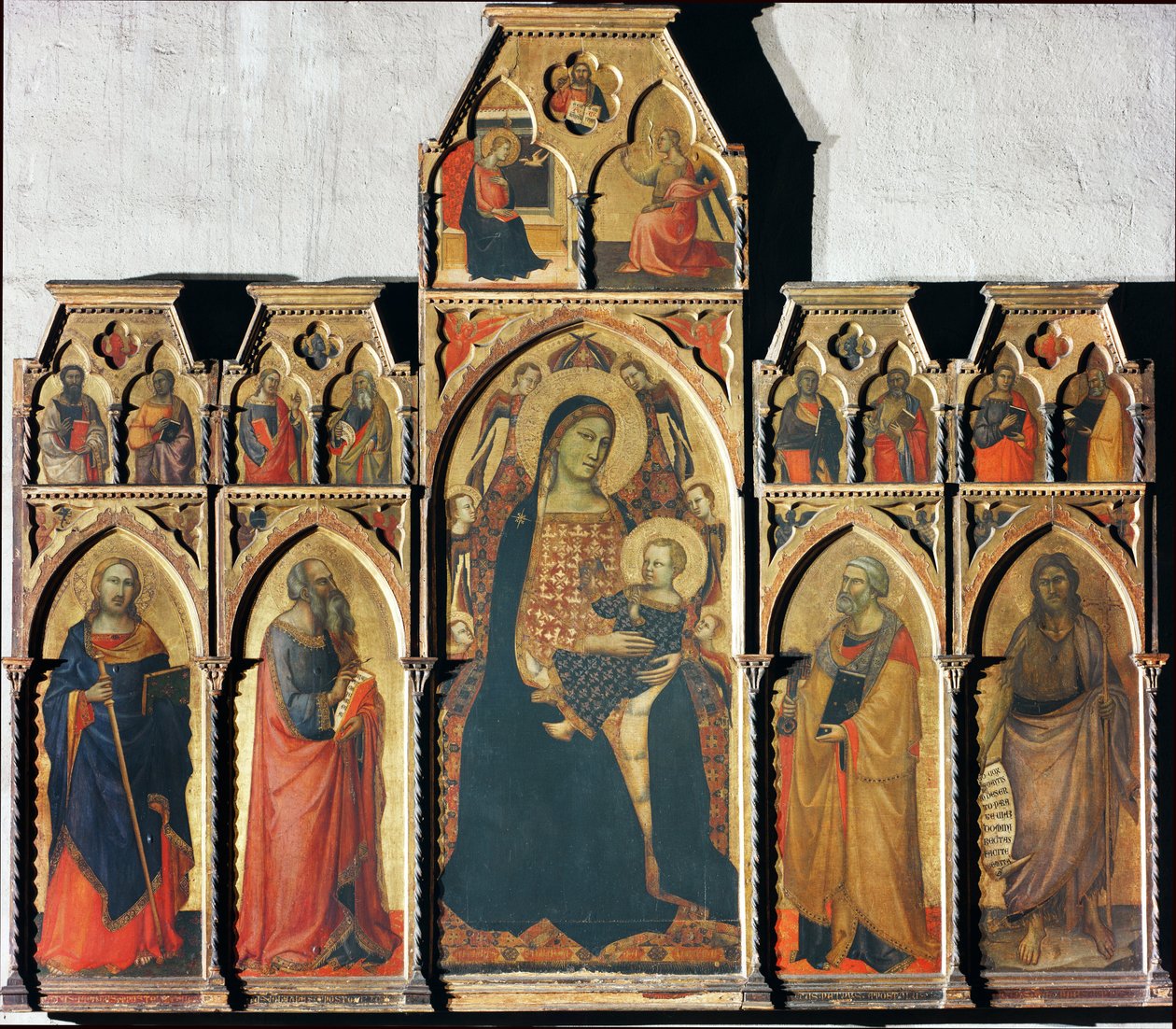 Neitsyt lapsen kanssa pyhän Jaakob Majorin, pyhän Johannes evankelistan, pyhän Pietarin ja pyhän Johannes Kastajan kanssa - tempera taulussa, 1350-1353 tekijältä Taddeo Gaddi