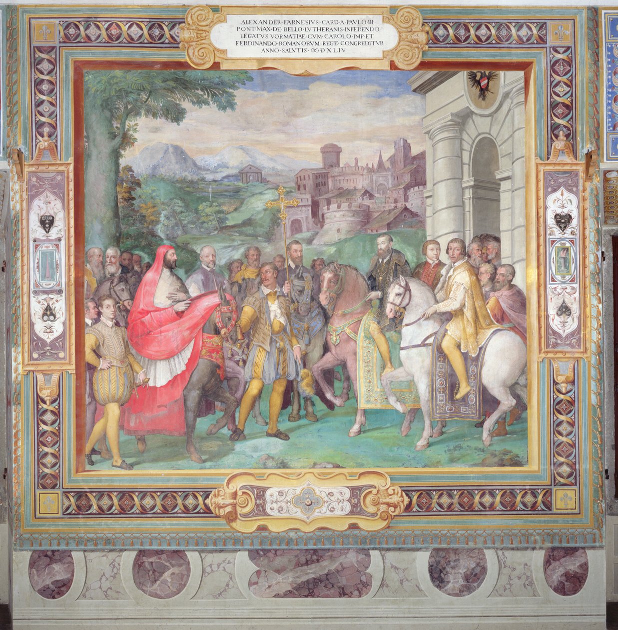 Kaarle V (1500-58) Alessandro Farnesen (1546-92) kanssa Wormsissa, "Sala dei Fasti Farnesesta" (Farnesen loistosali) 1557-66 (katso myös 156715) tekijältä Taddeo Zuccari