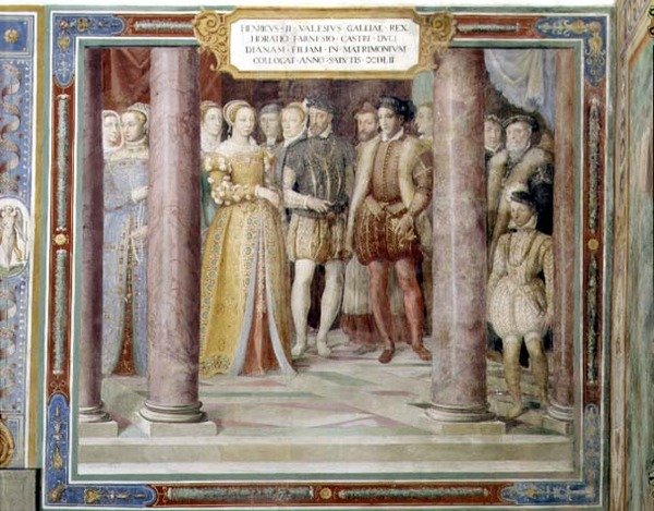 Orazio Farnesen ja Dianan, ranskalaisen Henri II:n (1519-59) tyttären avioliitto "Sala dei Fasti Farnesesta" (Farnesen loistosali) 1557-66 (fresko) tekijältä Taddeo Zuccaro