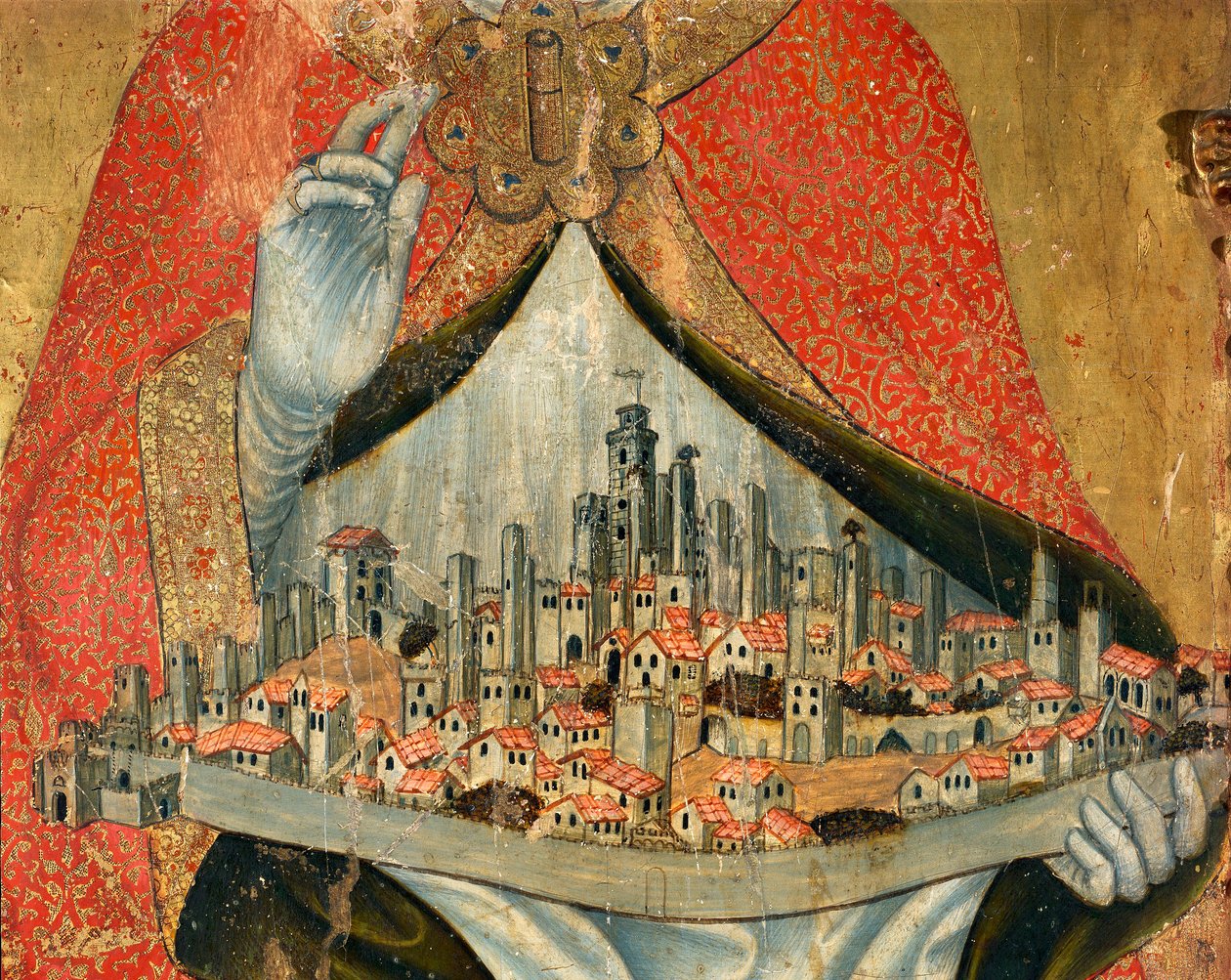 Näkymä San Gimignanon kaupunkiin, taloineen ja monumentteineen, yksityiskohtia (maalaus tekijältä Taddeo di Bartolo