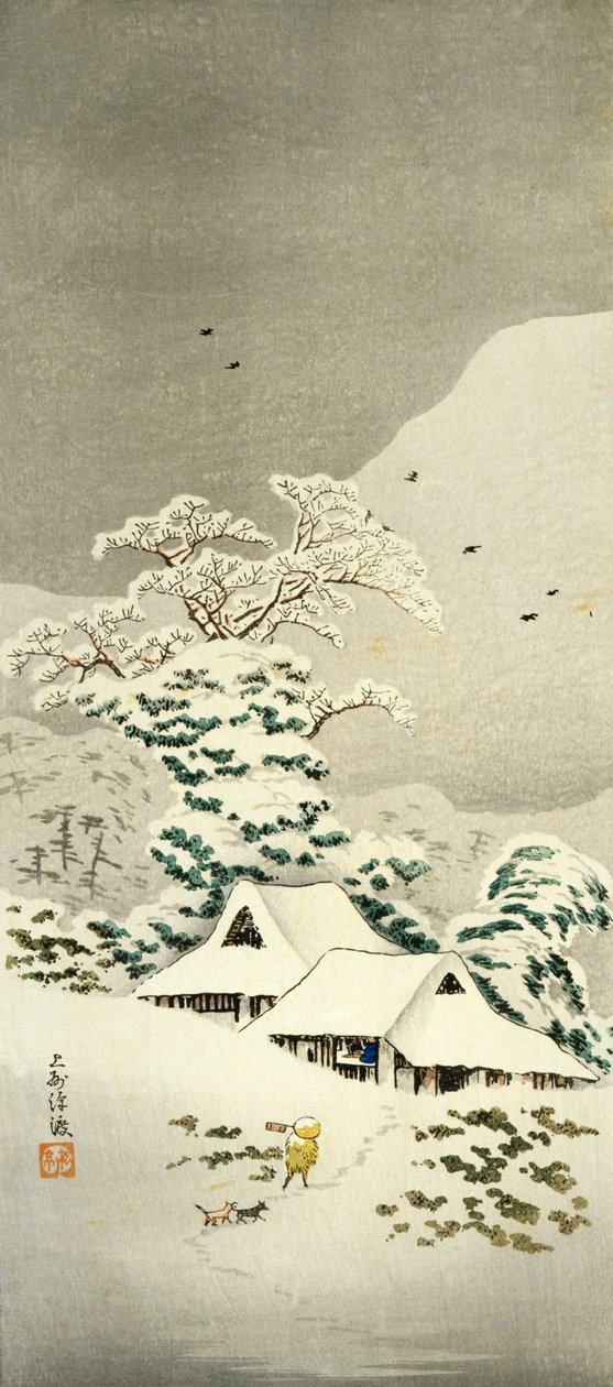 Kohtaus lumessa Sawatarissa Joshun alueella, noin 1930, kirjoittanut Takahashi Shotei (1871-1945), o-tanzakun muotoinen puupiirros, 38,1 x 17,1 cm, japanilainen sivilisaatio, Meiji-Showa-kausi tekijältä Takahashi Shotei