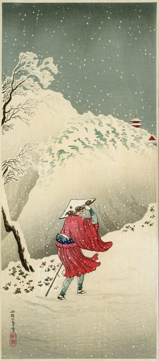 Matkustaja lumessa (värillinen puupainatus) tekijältä Takahashi  Hiroaki