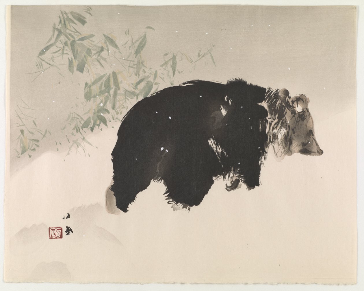 Bear In Snow, 1940 (värillinen puupalikkaprintti) tekijältä Takeuchi Seiho