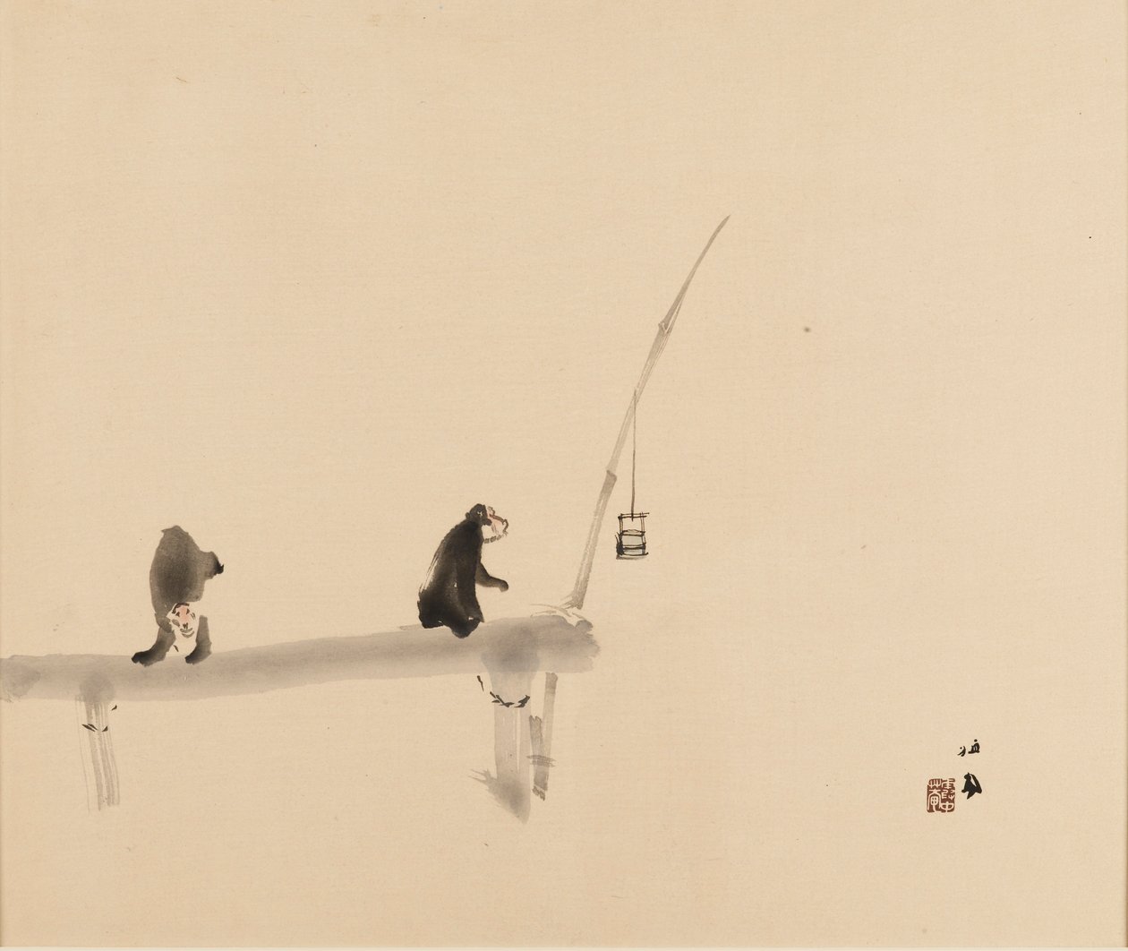 Woodblock print - Kaksi apinaa laiturilla, 1800-luvun loppu - 1900-luvun alku tekijältä Takeuchi Seiko