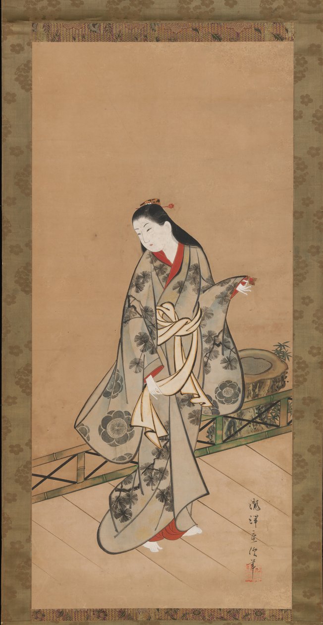 Nainen verannalla, n. 1730. tekijältä Takizawa Shigenobu
