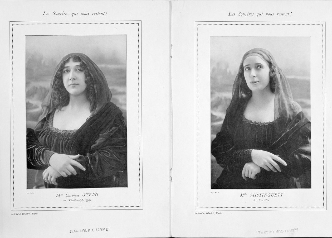 La Belle Otero ja Mistinguett Mona Lisana, artikkelista Les Sourires qui Nous Restent Comoedia Illustressa, 1911 (bw kuva) tekijältä Talbot