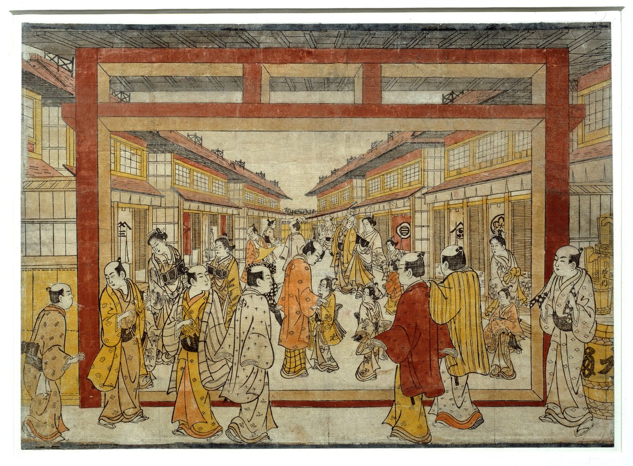 Perspektiivikuva Nakano-Chosta. Masanobu Tanakan japanilainen printti, toiminut vuosina 1741–1748, Ukiyo-E-tyyli. Pariisi, Musee Guimet tekijältä Tanaka Masunobu