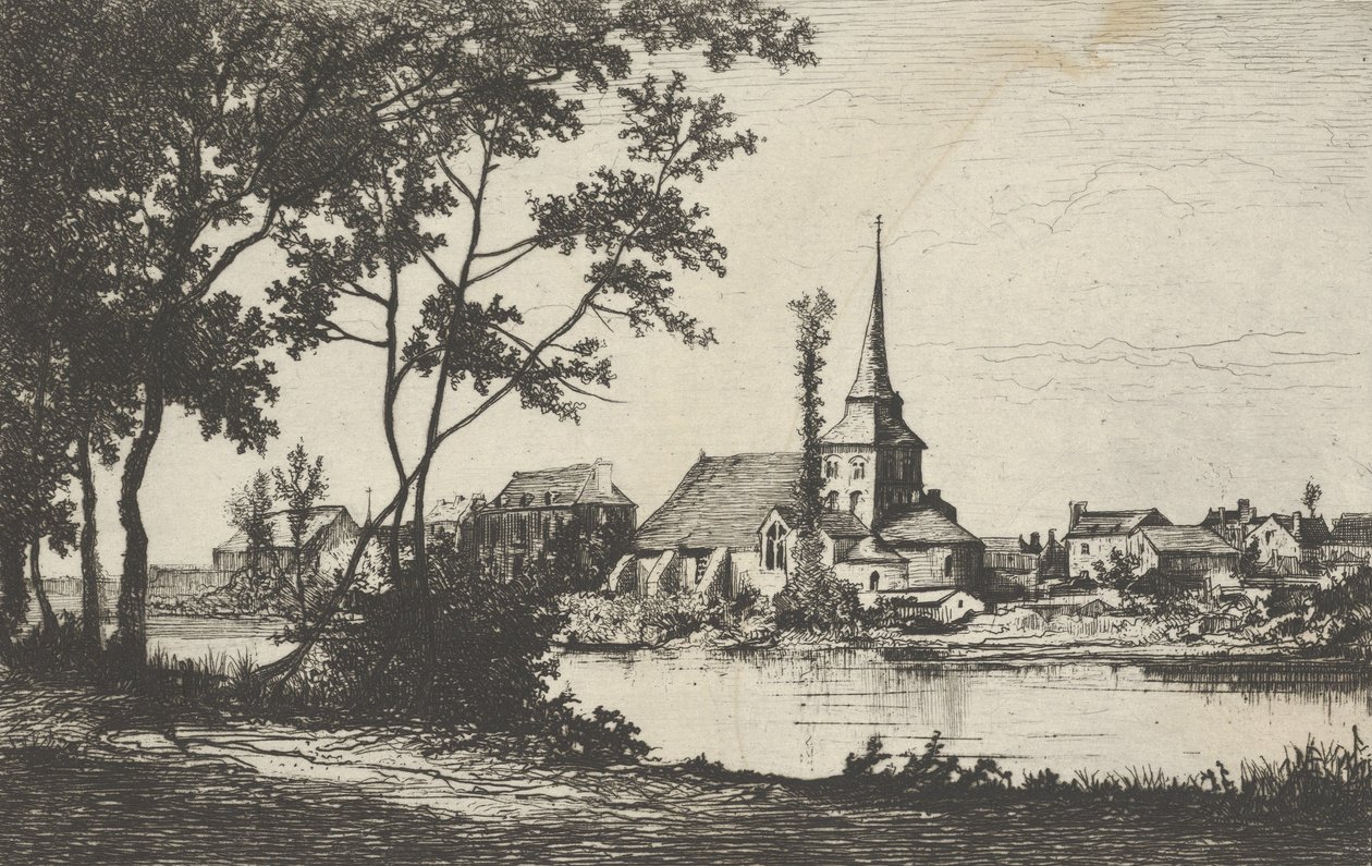 Kaupunki, jossa on kirkko joen toisella puolella, 1800-luku. tekijältä Tancrède Abraham