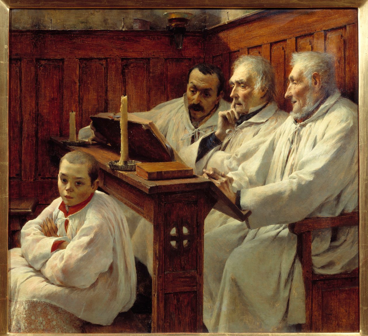 The Creed Priests ja kuorolapsi lukevat Raamattua. Tancrede Bastetin maalaus (1858-1942) 1900-luvun Grenoble, Musee des Beaux Arts Huomio! Tämän teoksen käyttö saattaa edellyttää kolmannen osapuolen lupapyyntöä tai lisämaksuja tekijältä Tancrede Bastet