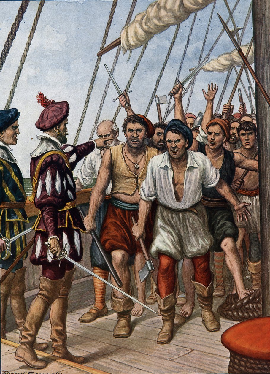 Portugalilaisen Flor de La Marin miehistön kapina kenraaliaan Afonso de Alberquerqueä vastaan vuonna 1511, kuva "Navigaattorien historiasta", 1936 tekijältä Tancredi Scarpelli