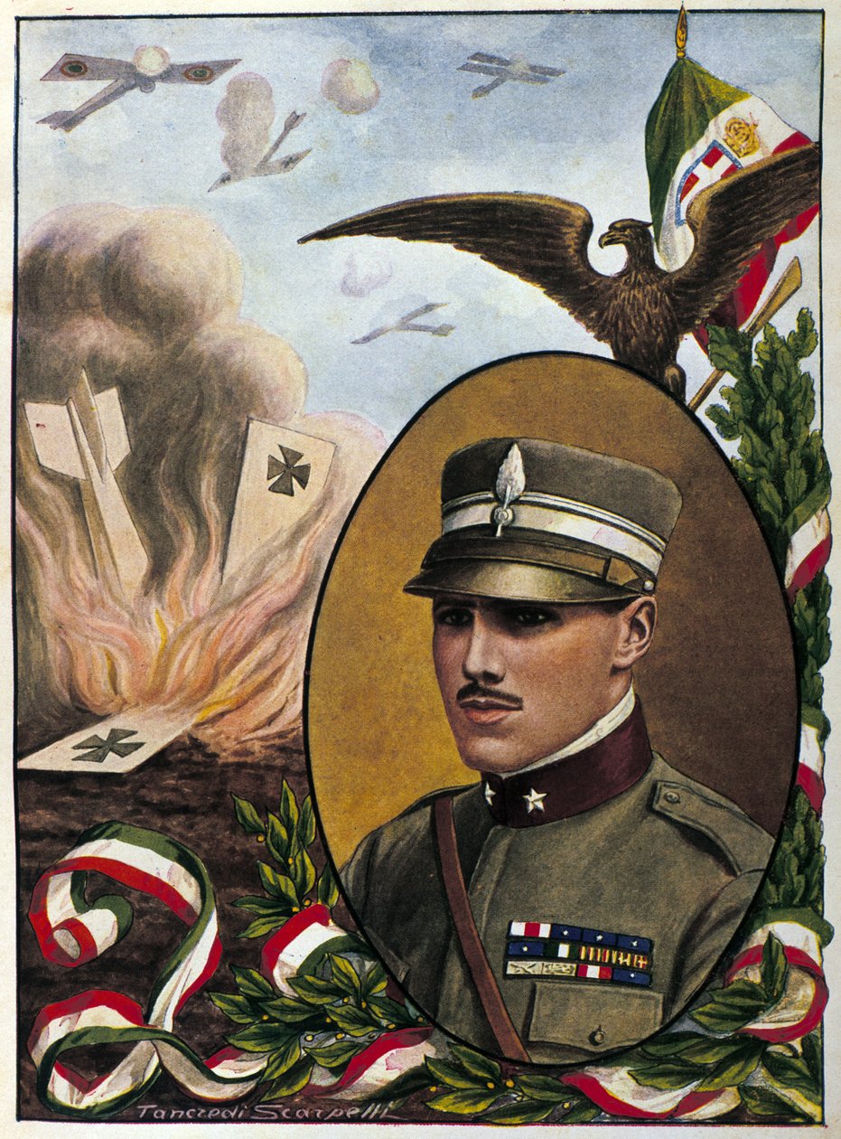 Allegoria Italian ilmavoimien majuri Francesco Baraccan (1888-1918) sankareista, jotka kuolivat taistelussa vuonna 1918. Piirustus Tancredi Scarpelli. Milanolainen. tekijältä Tancredi Scarpelli