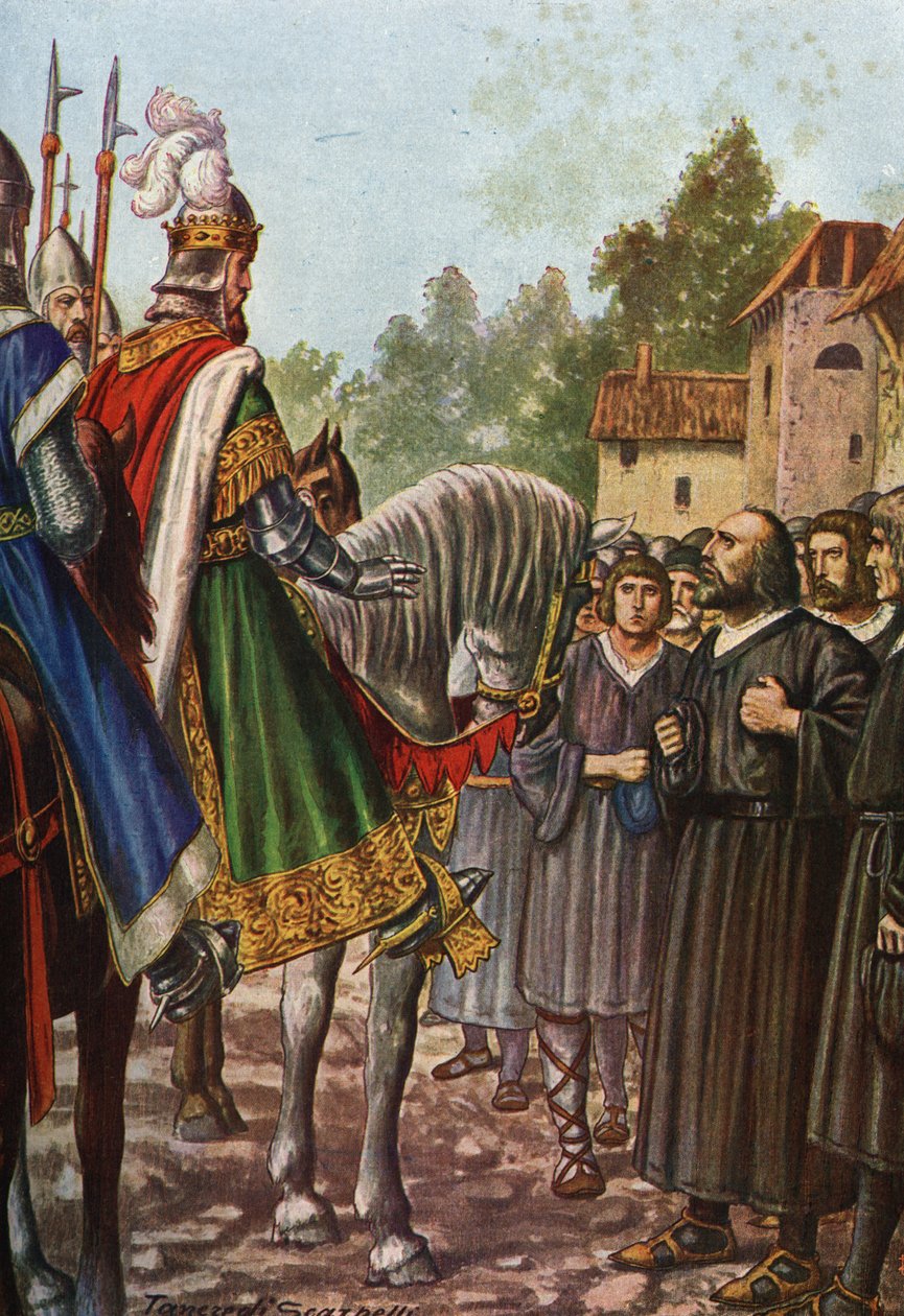 Keisari Frederic I Barberossa (1122-1190) toisella matkallaan Italiaan vuonna 1158 ohittaa Adda-joen ja tapaa Lodin ihmiset, jotka pyytävät häntä saamaan alueensa takaisin. Tancredi Scarpelli (1866-1937) Paolo Giudicin "Storia d