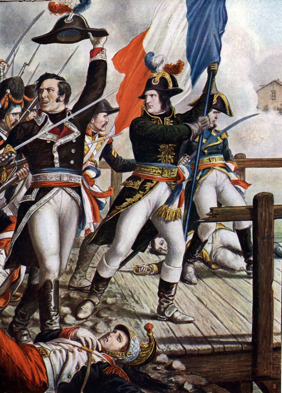 Ensimmäinen italialainen kampanja: Napoleon Bonaparte (1769-1821) Arcolen sillan taistelussa marraskuussa 1796” (Napoleon Bonaparte Arcolen sillan taistelun aikana (Arcola), marraskuu 1796) Tancredi Scarpellin (1866-1937) kuvitus alkaen "Storia tekijältä Tancredi Scarpelli