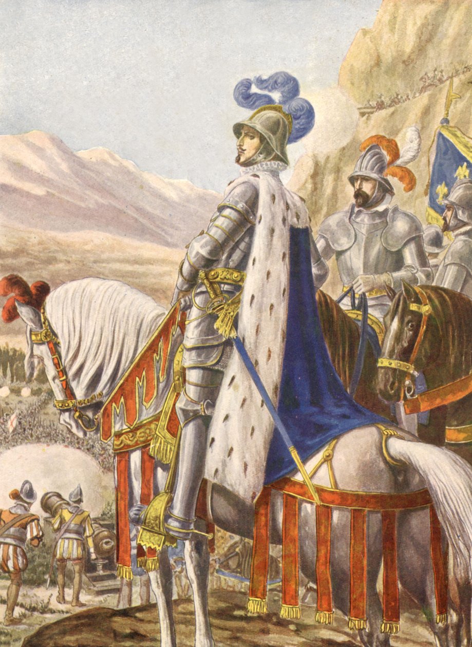 Ranskan 1. Fransis I Marignanin taistelussa vuonna 1515, kuvitus, 30-luku tekijältä Tancredi Scarpelli