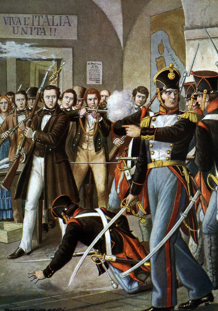 Vuoden 1830 kapinaliikkeet: Ciro Menottin (1798-1831) pidätys italialaisen patriootin jäsenen Carbonari-liikkeessä (Carboneria, Coalwork) a Modene, vuonna 1830, Italia” (Hyökkäys Ciro Menottin taloa vastaan kapinan aikana Modenassa, Italiassa 1830) Kuva tekijältä Tancredi Scarpelli