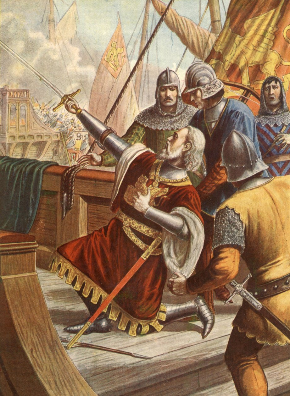 Italian amiraali Luciano Doria kuoli vuonna 1379 Genovan ja Venetsian välisessä sodassa, kuvitus, 30-luku tekijältä Tancredi Scarpelli