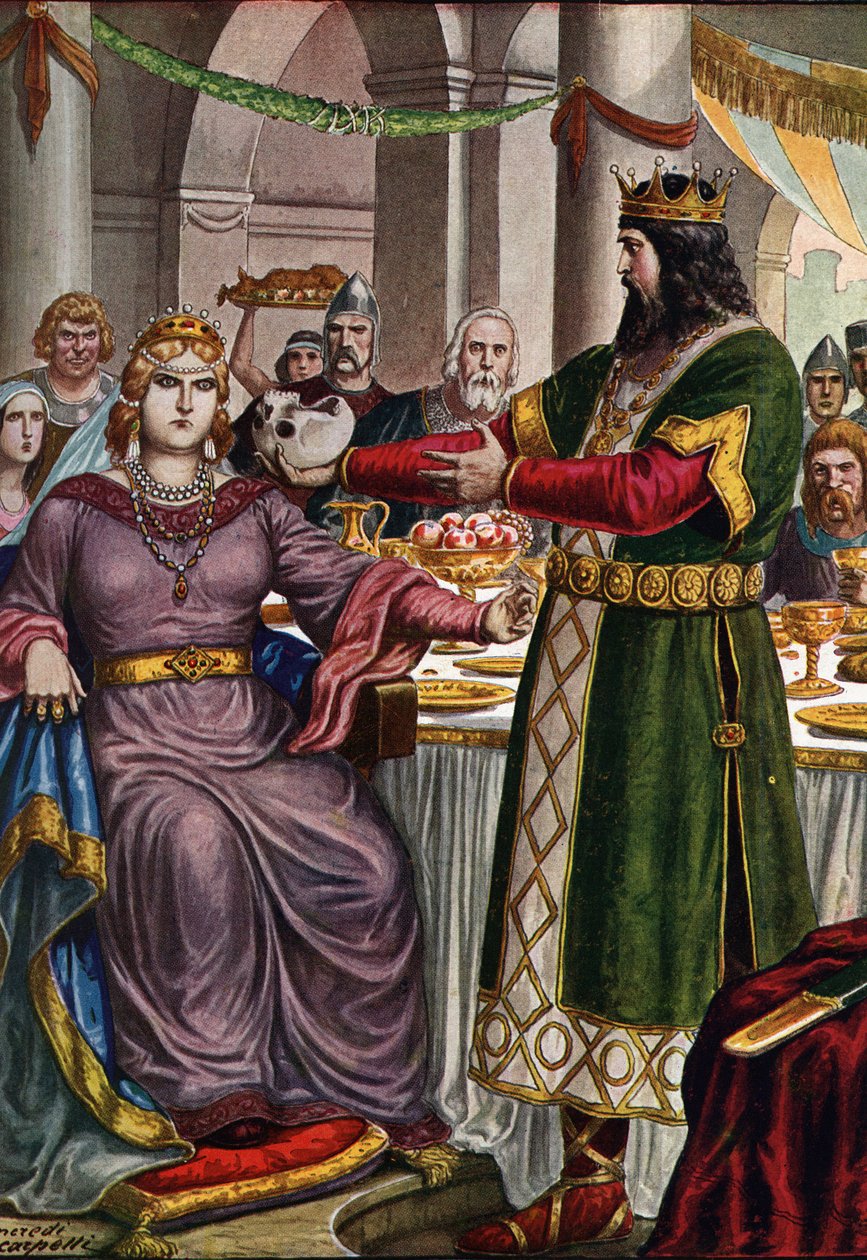 Lombard-kuningas Alboin (noin 526-572) pakottaa vaimonsa, gepid-prinsessa Rosemonden (kuoli 572) juomaan isänsä kallon Cunimondin muodostamasta kupista Italian Veronassa (Rosamund (tai Rosamunde) ja hänen miehensä Alboin) Lombardien kuningas, joka tekijältä Tancredi Scarpelli