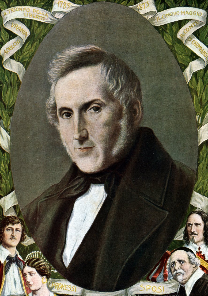 Muotokuva Alessandro Manzonista (1785 - 1873), italialainen kirjailija. Kuvitus Tancredi Scarpellista (1866-1937) Paolo Giudicin "Storia d