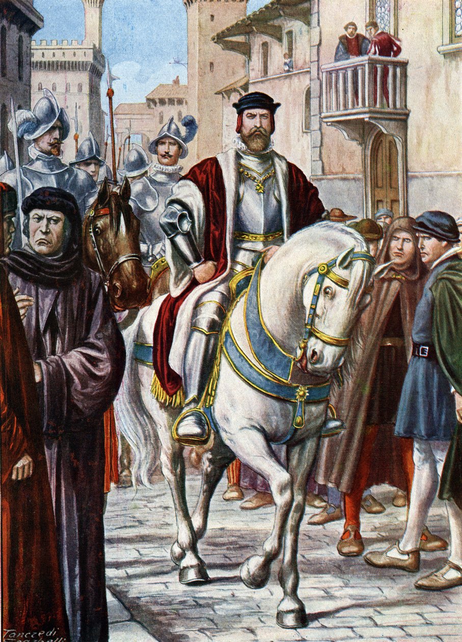 Toscanan Cosimo (Come) I:n (Cosimo de Medici) (1519-1574) muotokuva, joka kiertää Firenzen kaduilla, piiritti espanjalaisista ja saksalaisista sotilaista koostuvan miliisin jäseniä (Toscanan suurherttua Cosimo I de Medicin muotokuva , suojattu tekijältä Tancredi Scarpelli